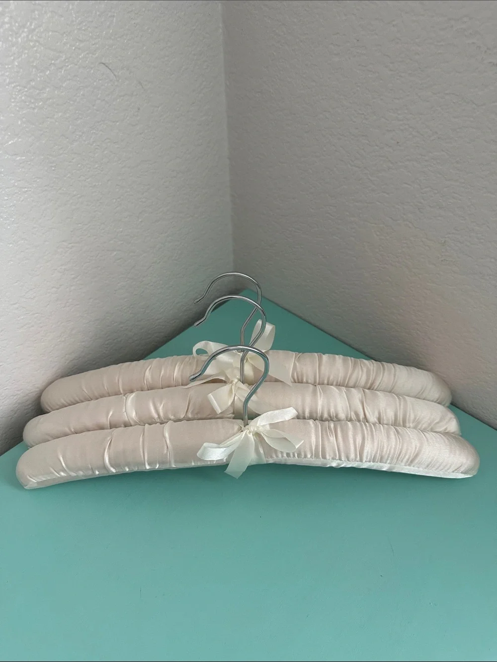 Satin padded heavy duty hangers-set of 3ct.-glossy ivory color & silver hook-new